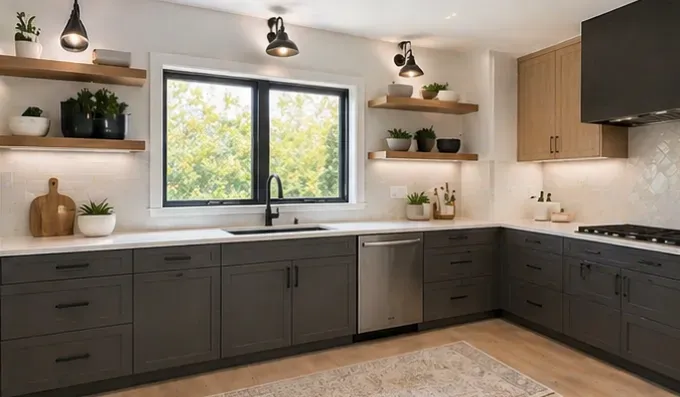 Modern kitchen with dark cabinets, light countertops, open shelves, and a large window over the sink