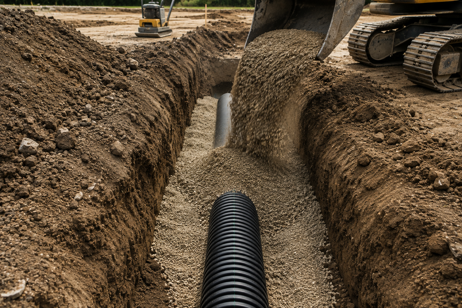Excavator digging a trench with a black corrugated drain pipe laid in the gravel base
