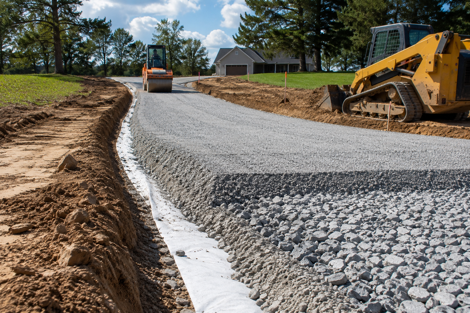 Road construction site with excavators shaping a gravel roadbed beside a dirt trench