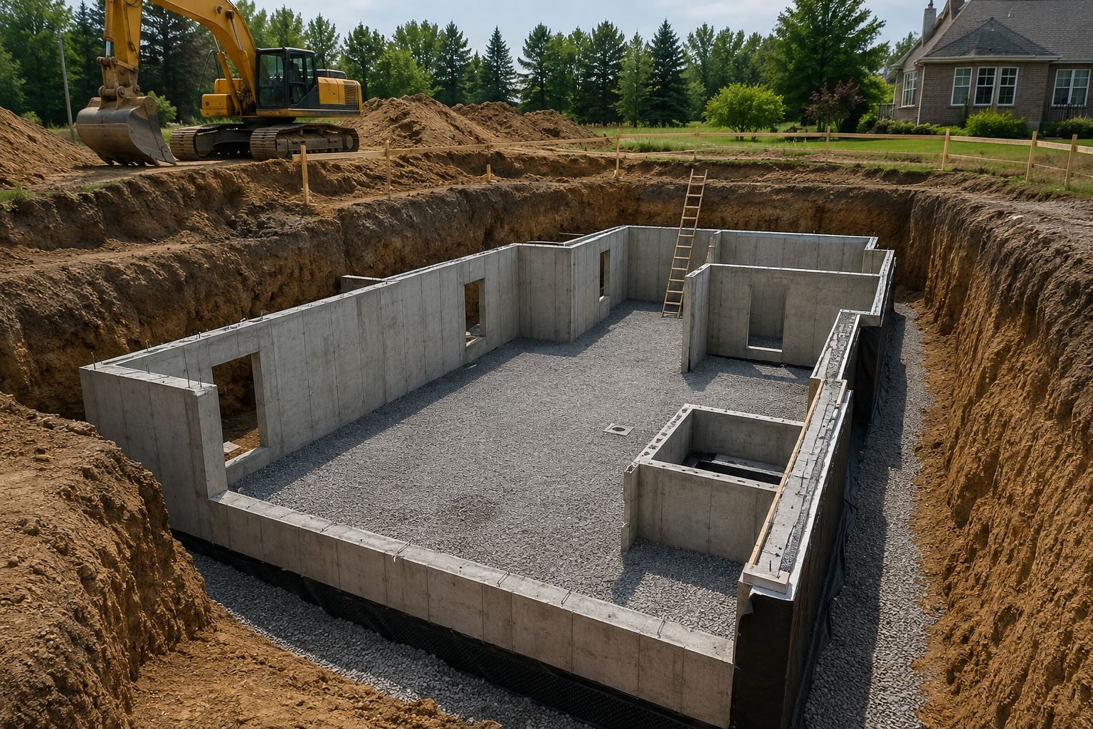Concrete basement foundation under construction with excavator and dirt excavation around it