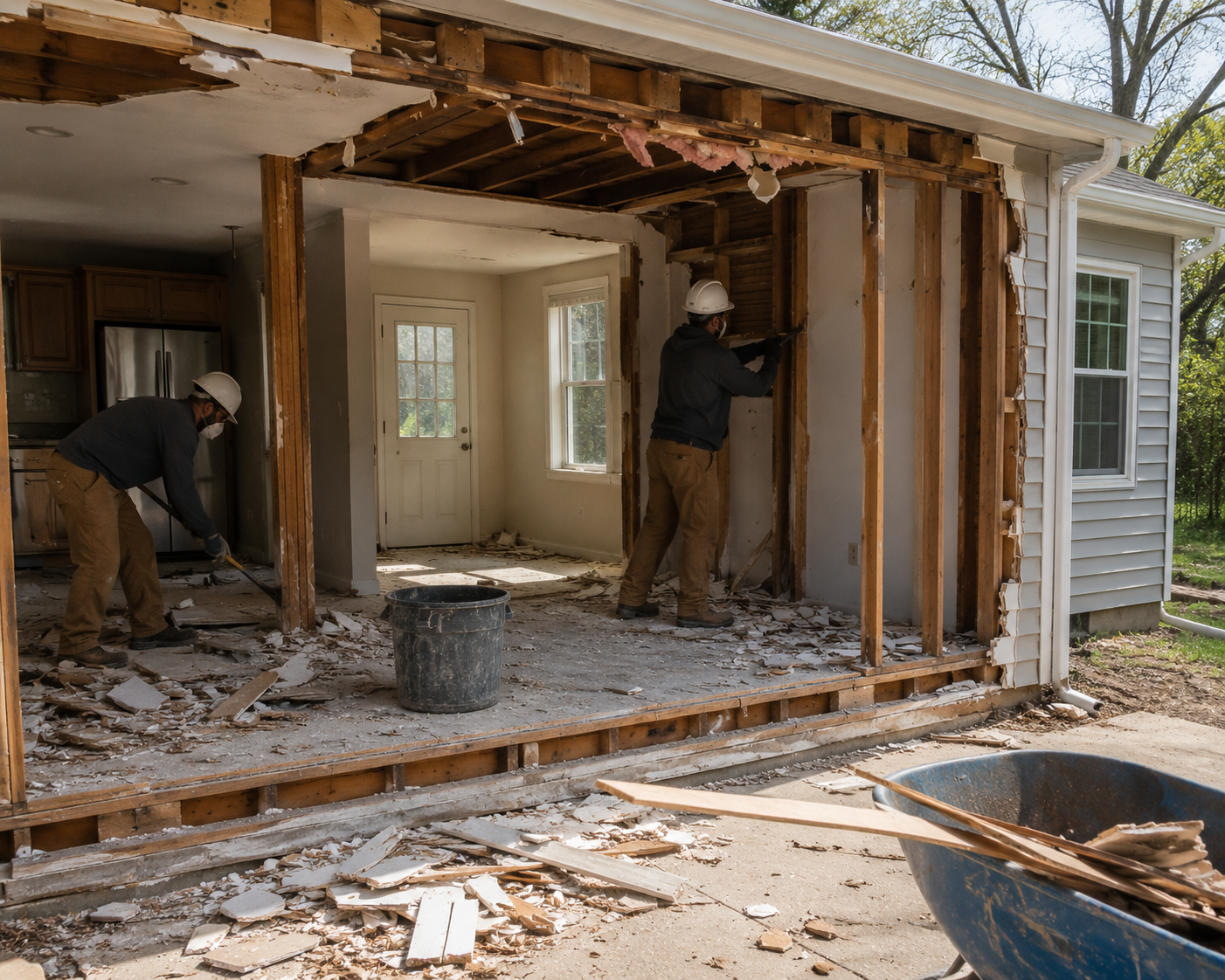 Workers demolishing a house interior, exposing wooden framing and debris near the front entrance.