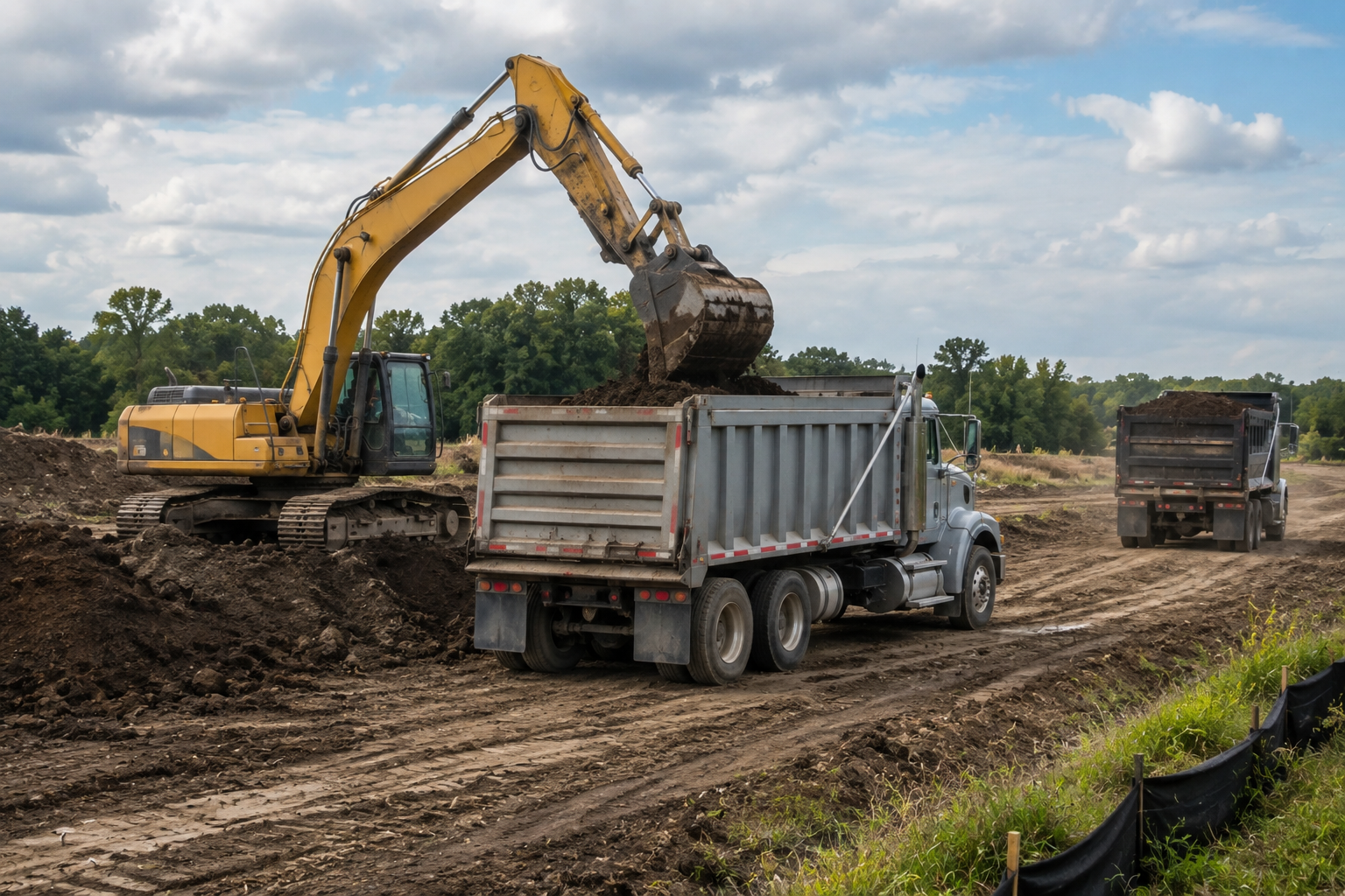 Excavator loads dirt into a dump truck at a muddy construction site, with another truck in the background.