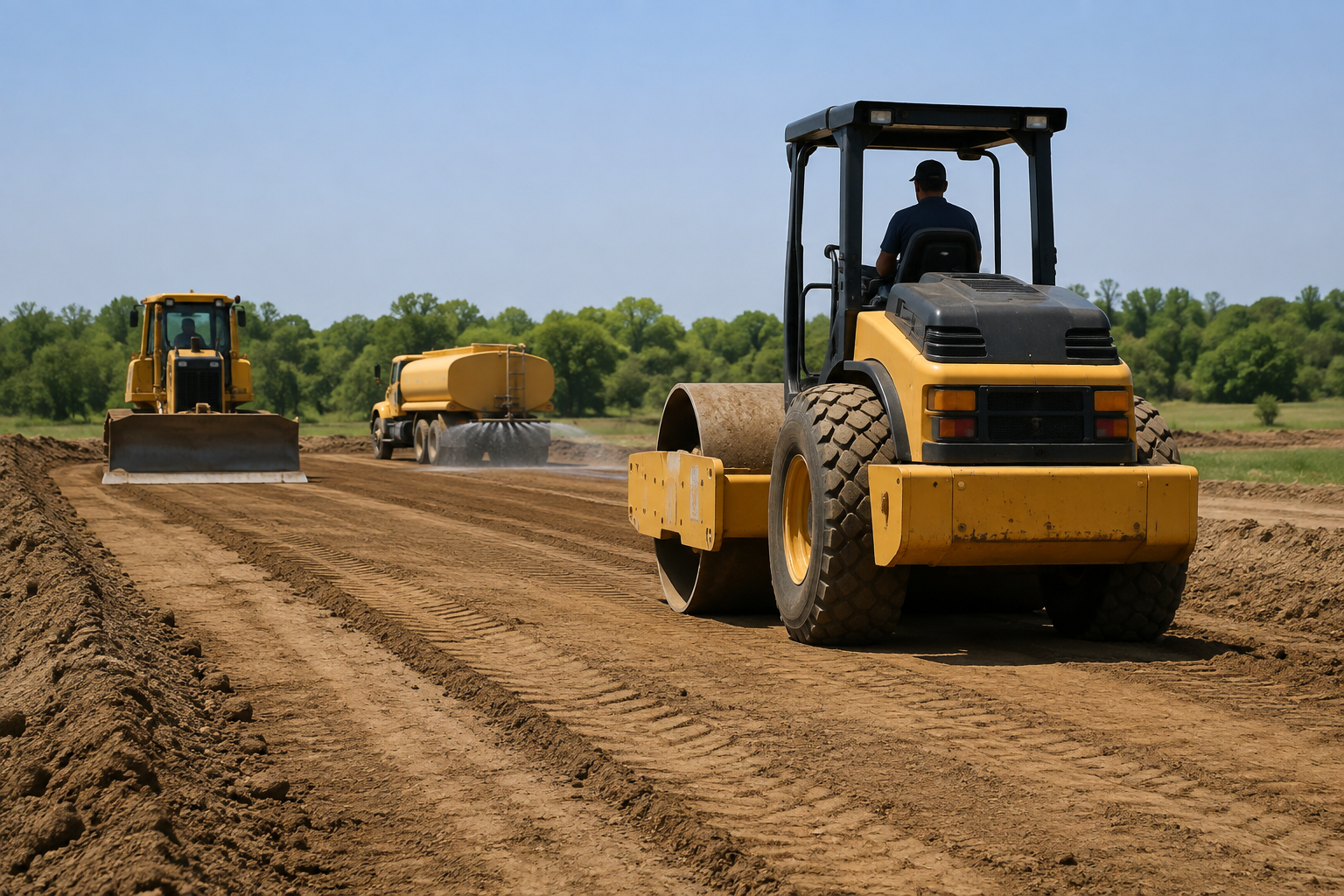 Three yellow construction rollers compacting dirt on a roadwork site under a clear sky