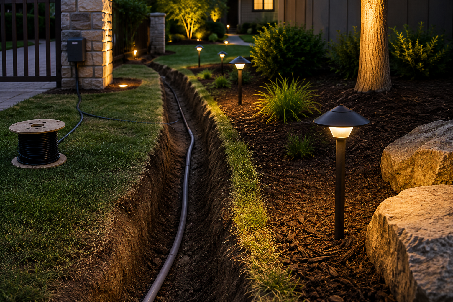 Illuminated garden path with a narrow stream, landscape lights, rocks, and shrubs at dusk