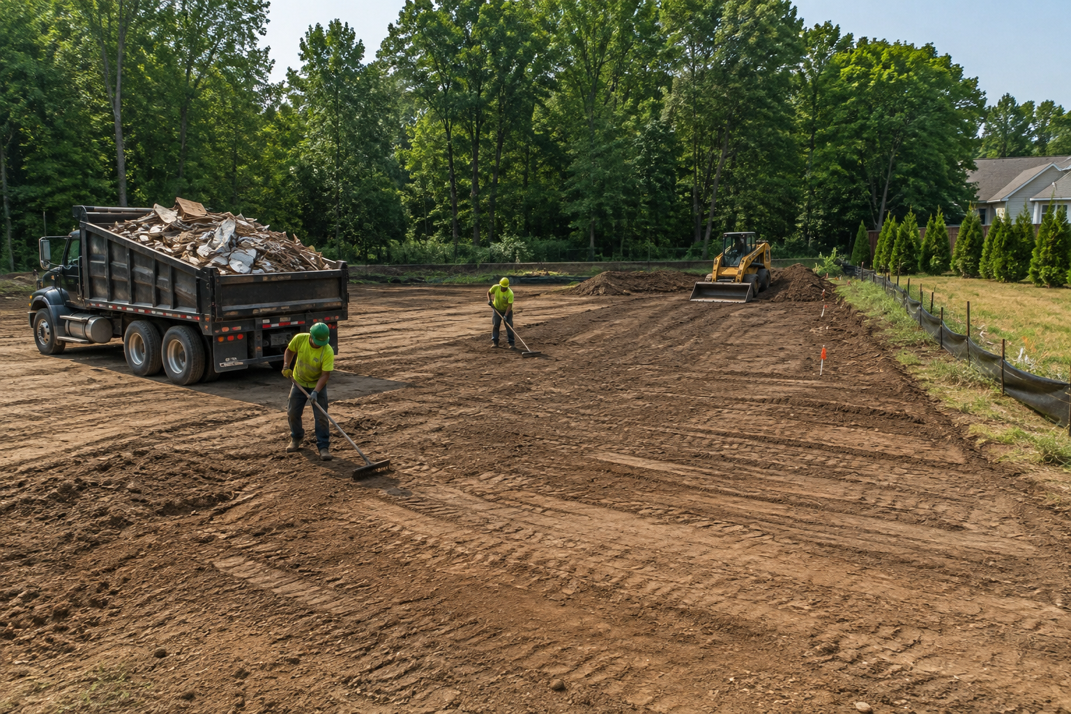 Construction workers grading a dirt road beside dump trucks and a bulldozer