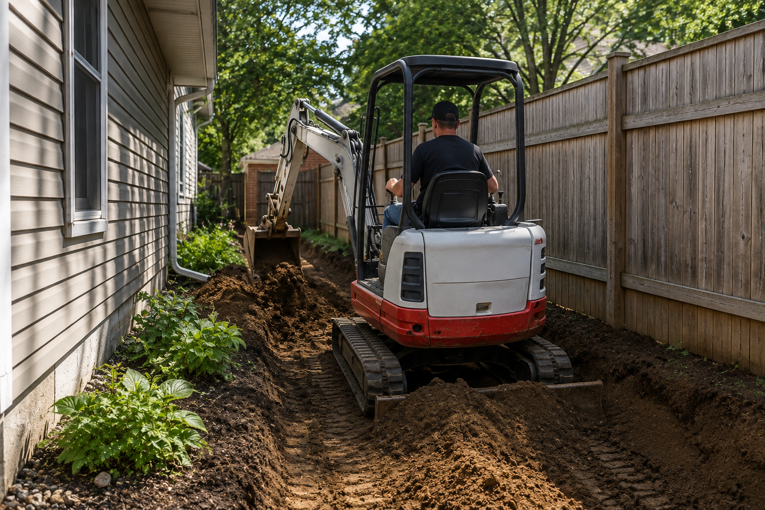 Mini excavator digging a trench beside a house along a wooden fence under trees.