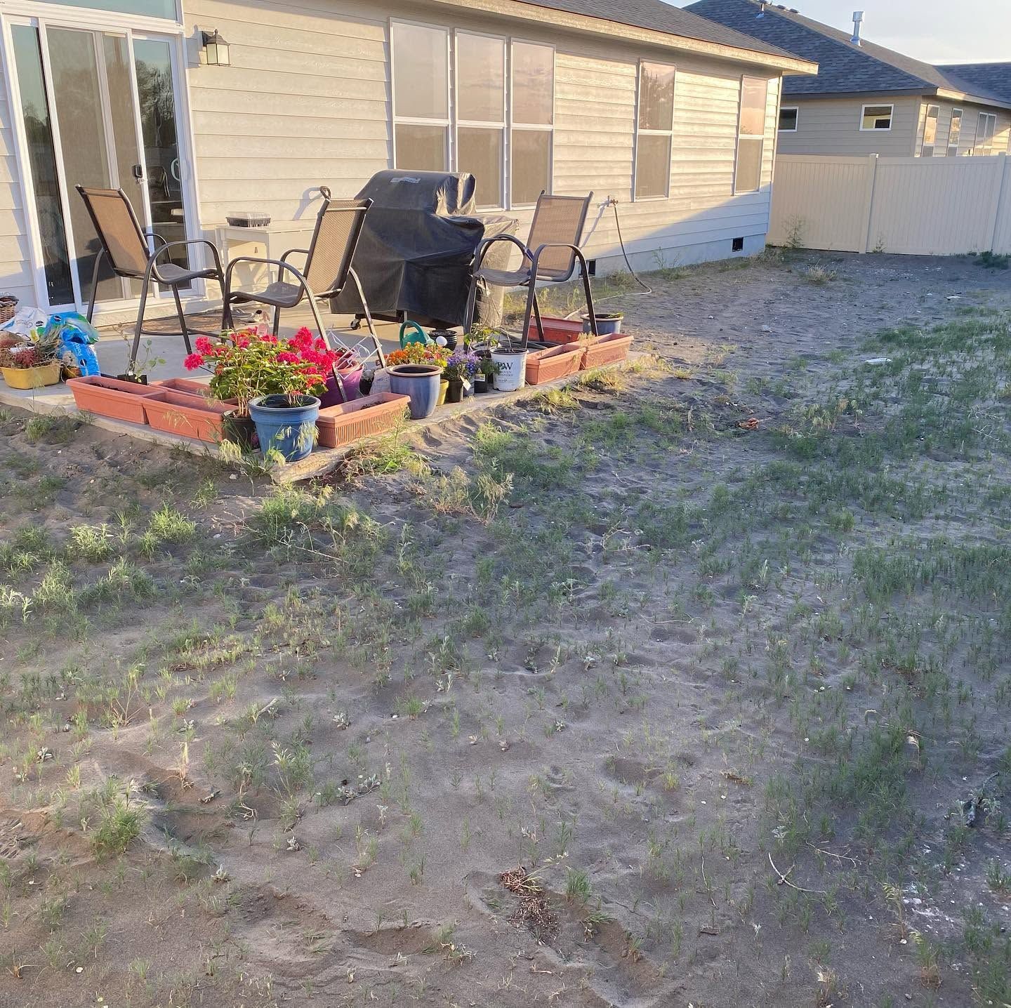 Backyard patio with potted flowers, outdoor chairs, and a house exterior in the background