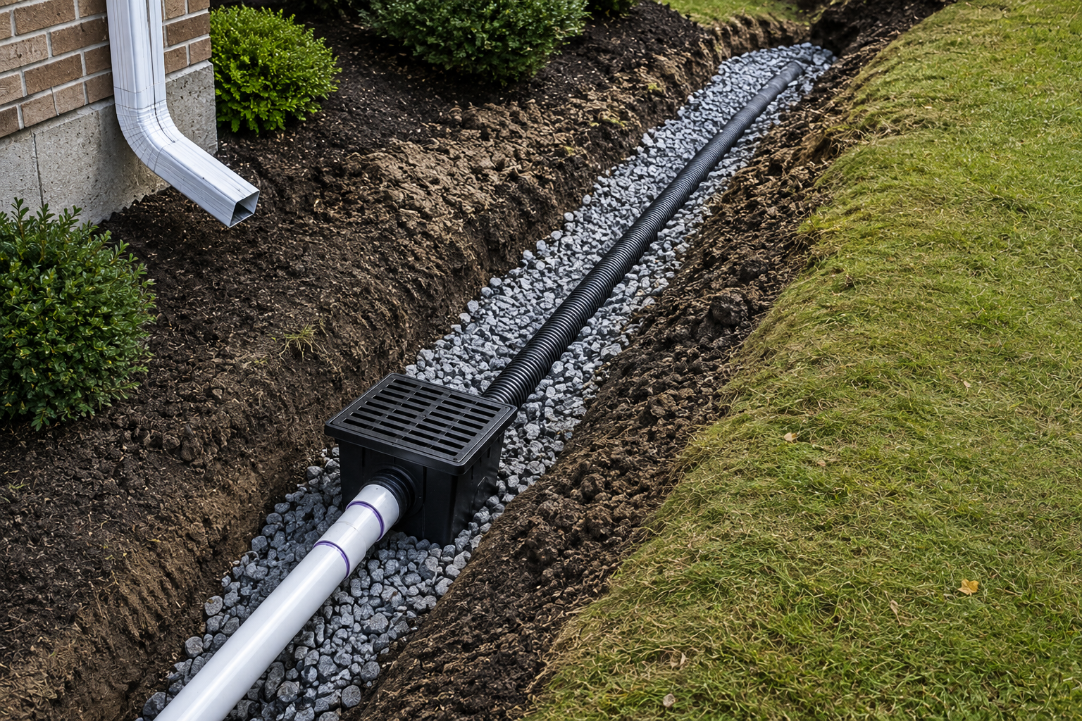 Black drainage pipe in a gravel trench beside a lawn and house foundation
