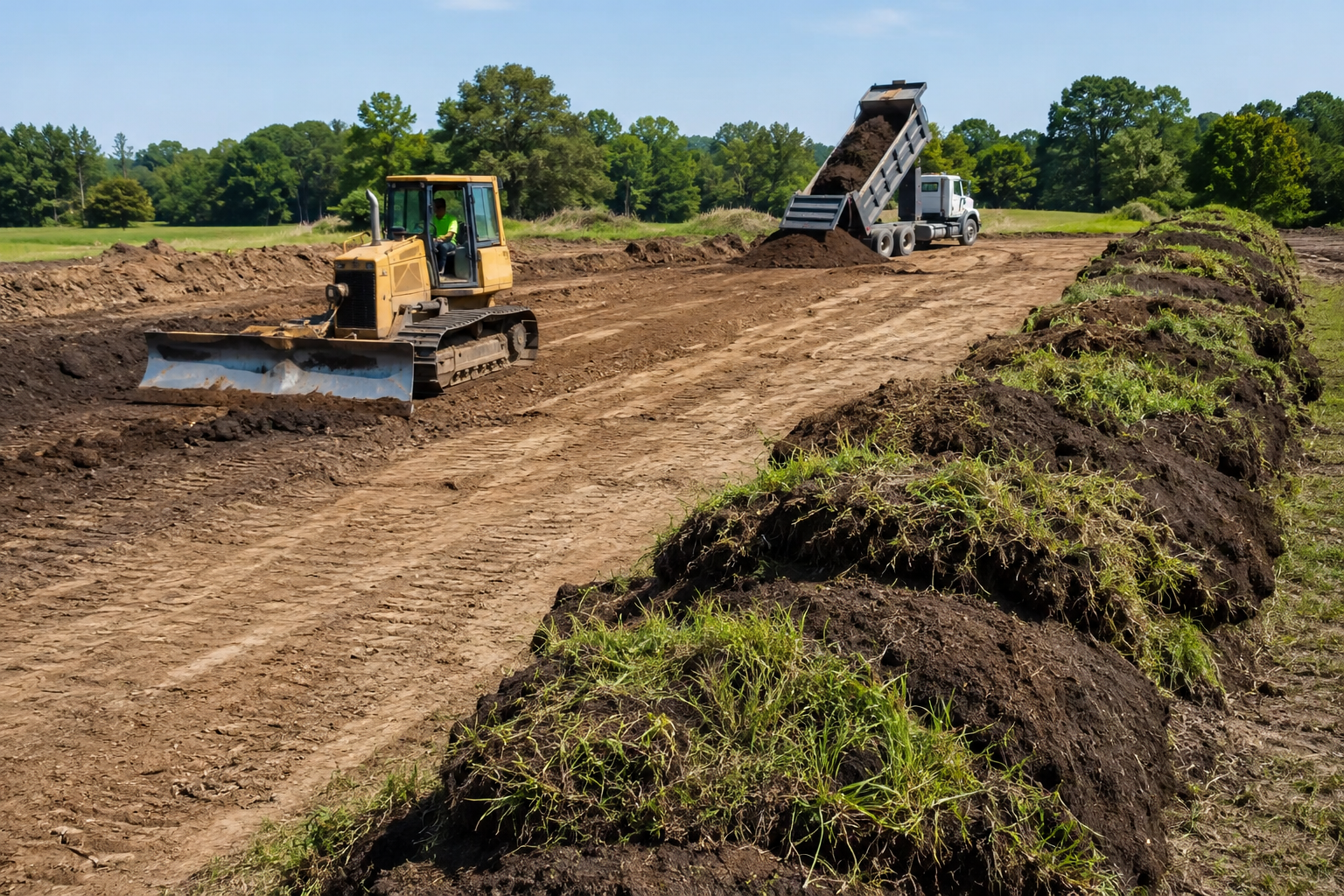 Bulldozer and dump truck leveling dirt on a construction site beside a grassy embankment