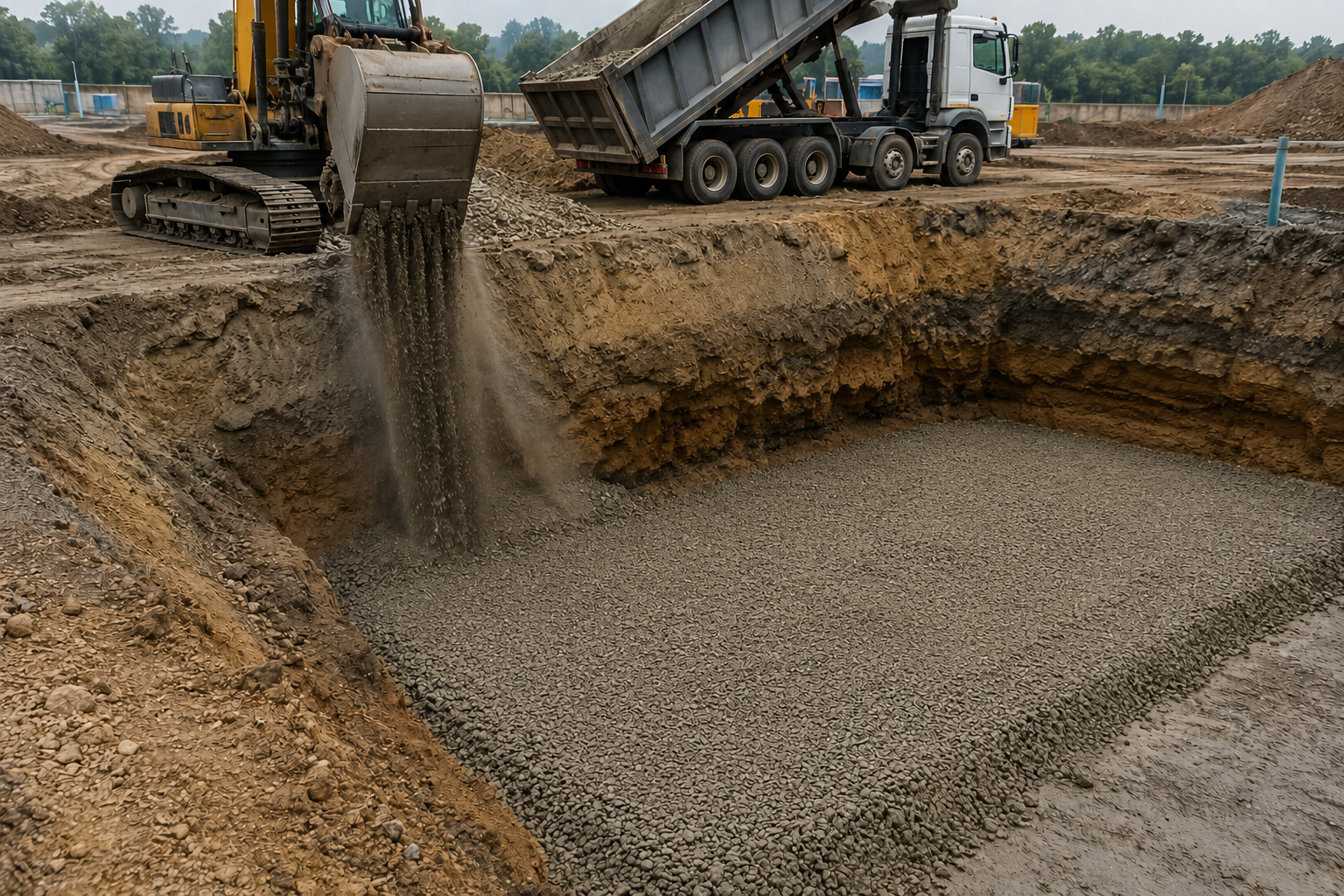Excavator dumping gravel into a large excavation pit beside a dump truck on a construction site