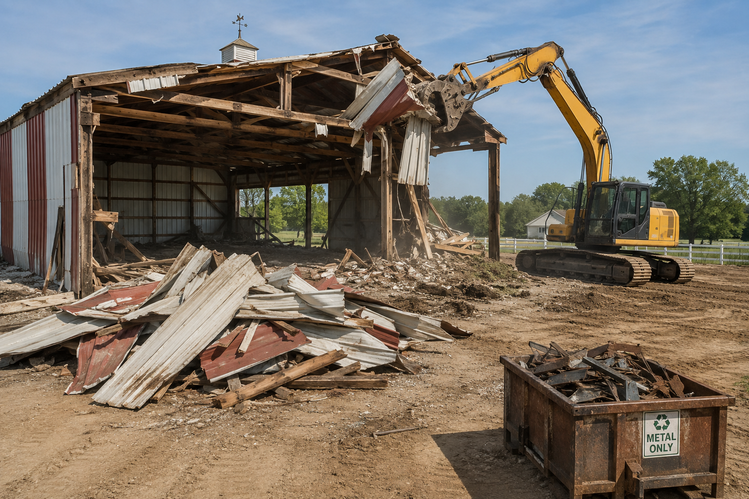 Yellow excavator demolishing a damaged building, with rubble and debris in the foreground.