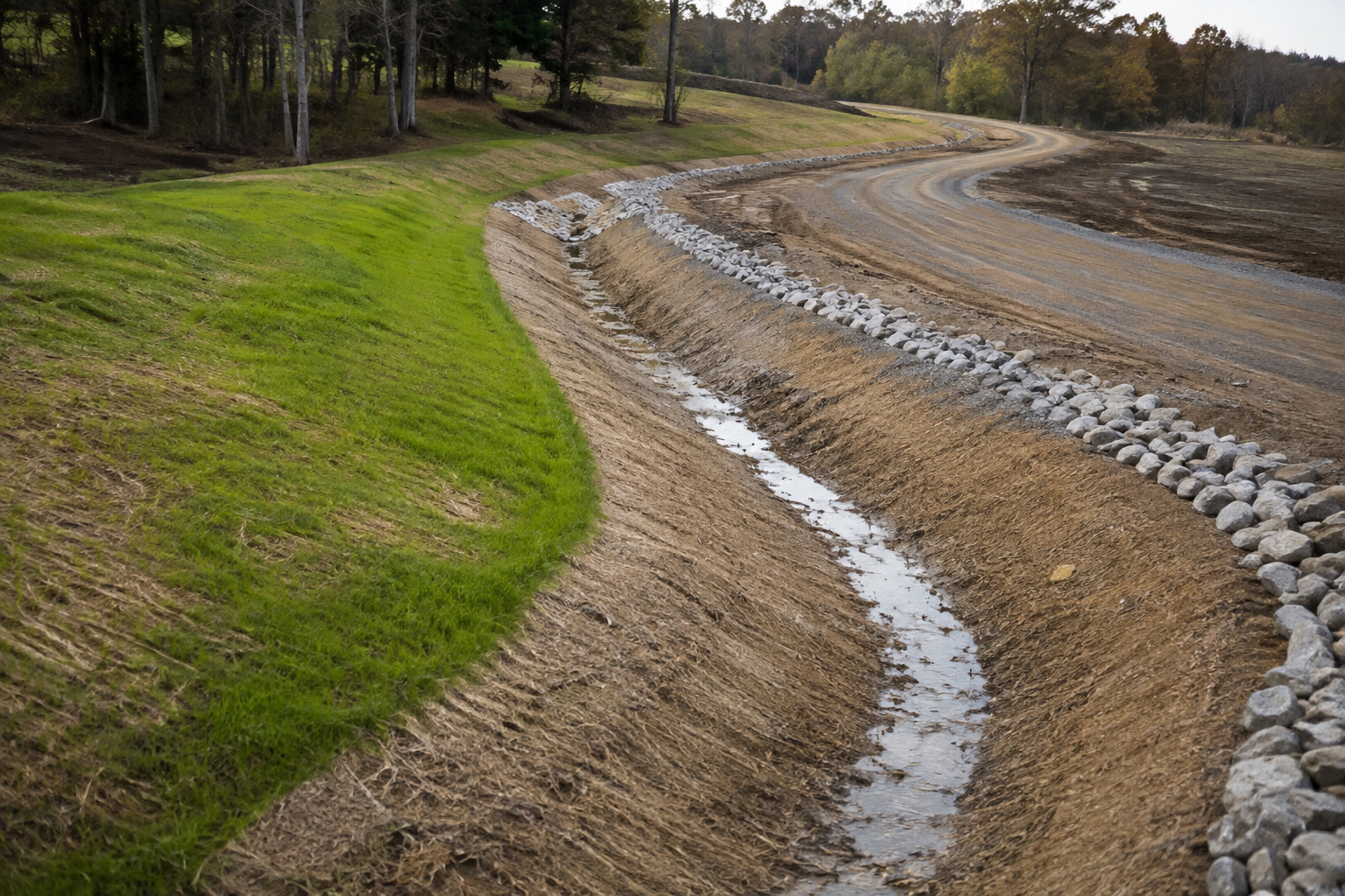 Curving dirt path lined with stones beside a green grassy field and trees
