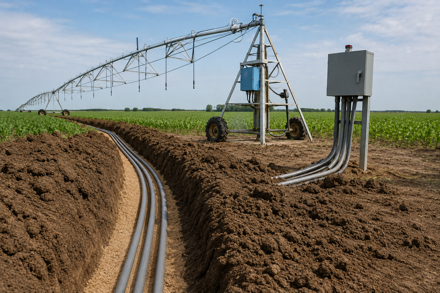 Crop field with irrigation pivot and underground pipes beside a muddy trench