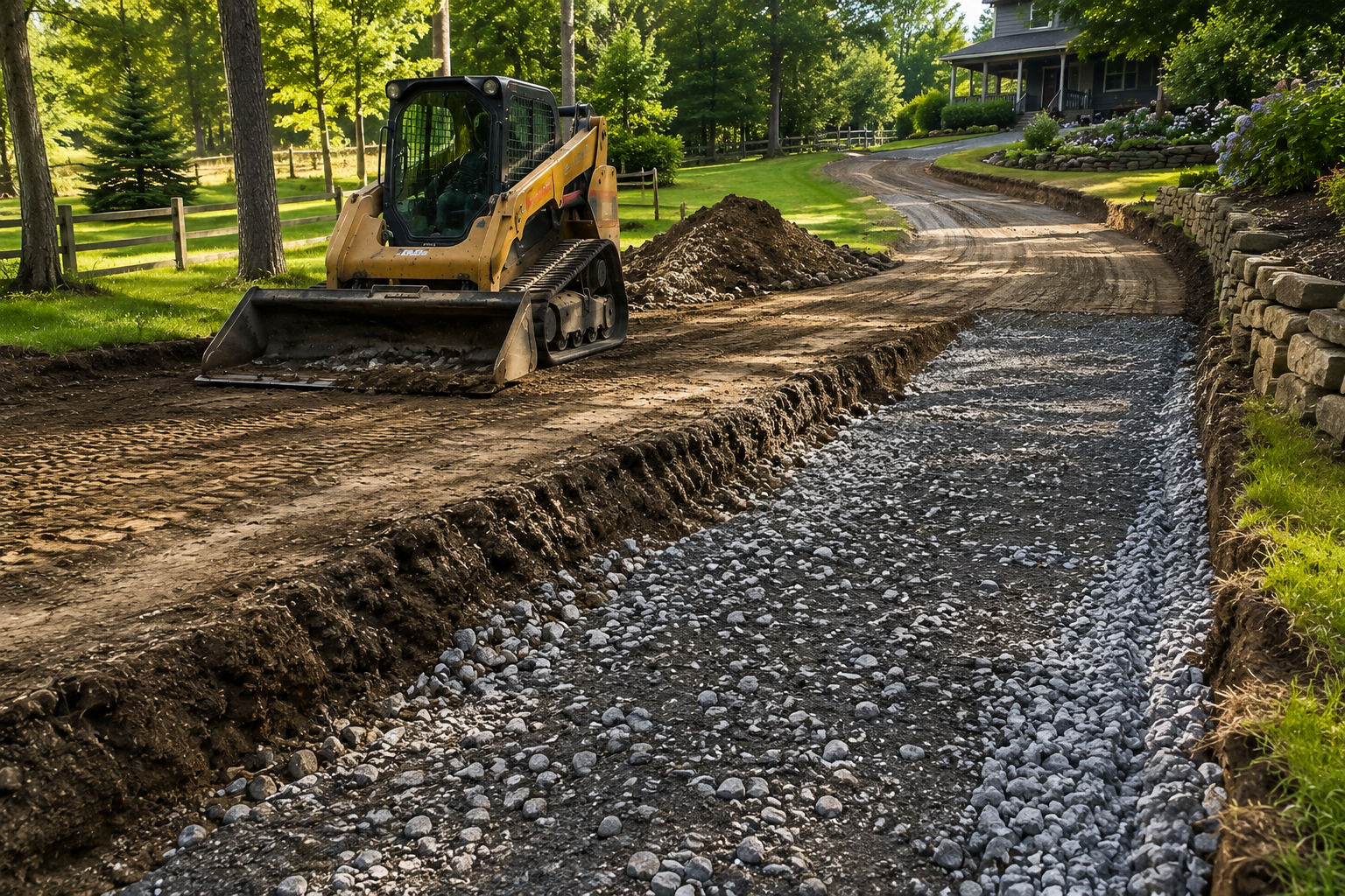 Small bulldozer grading a gravel driveway beside a stone wall in a wooded yard