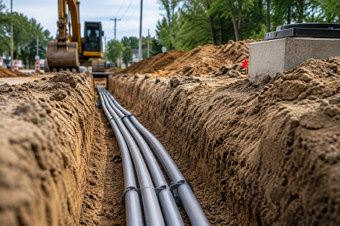 Trenched utility pipes laid in dirt at a roadwork site, with an excavator in the background