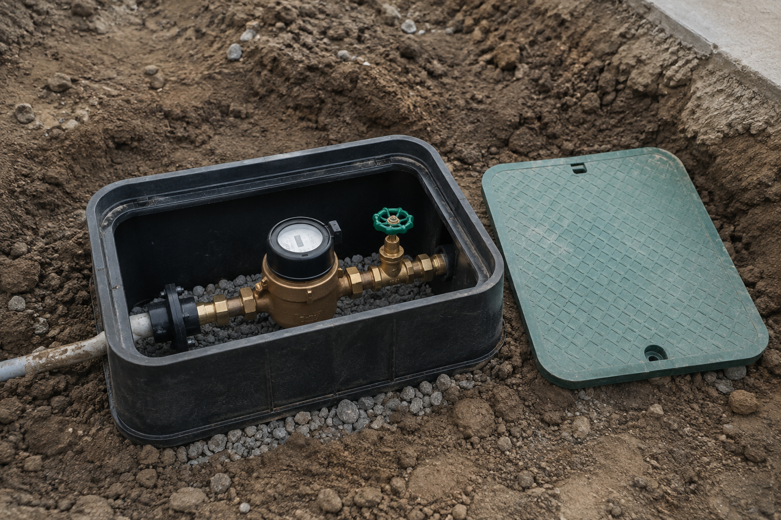 Outdoor water meter in a black utility box with the lid open on dirt ground
