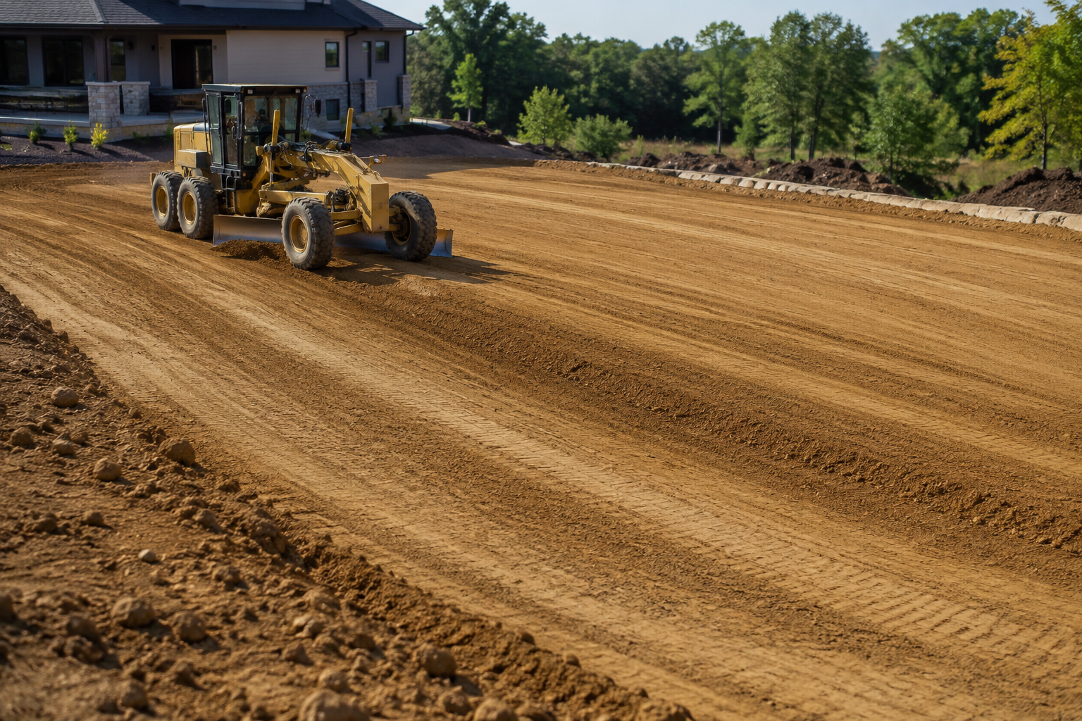 Construction grader leveling dirt at a site near a house and trees