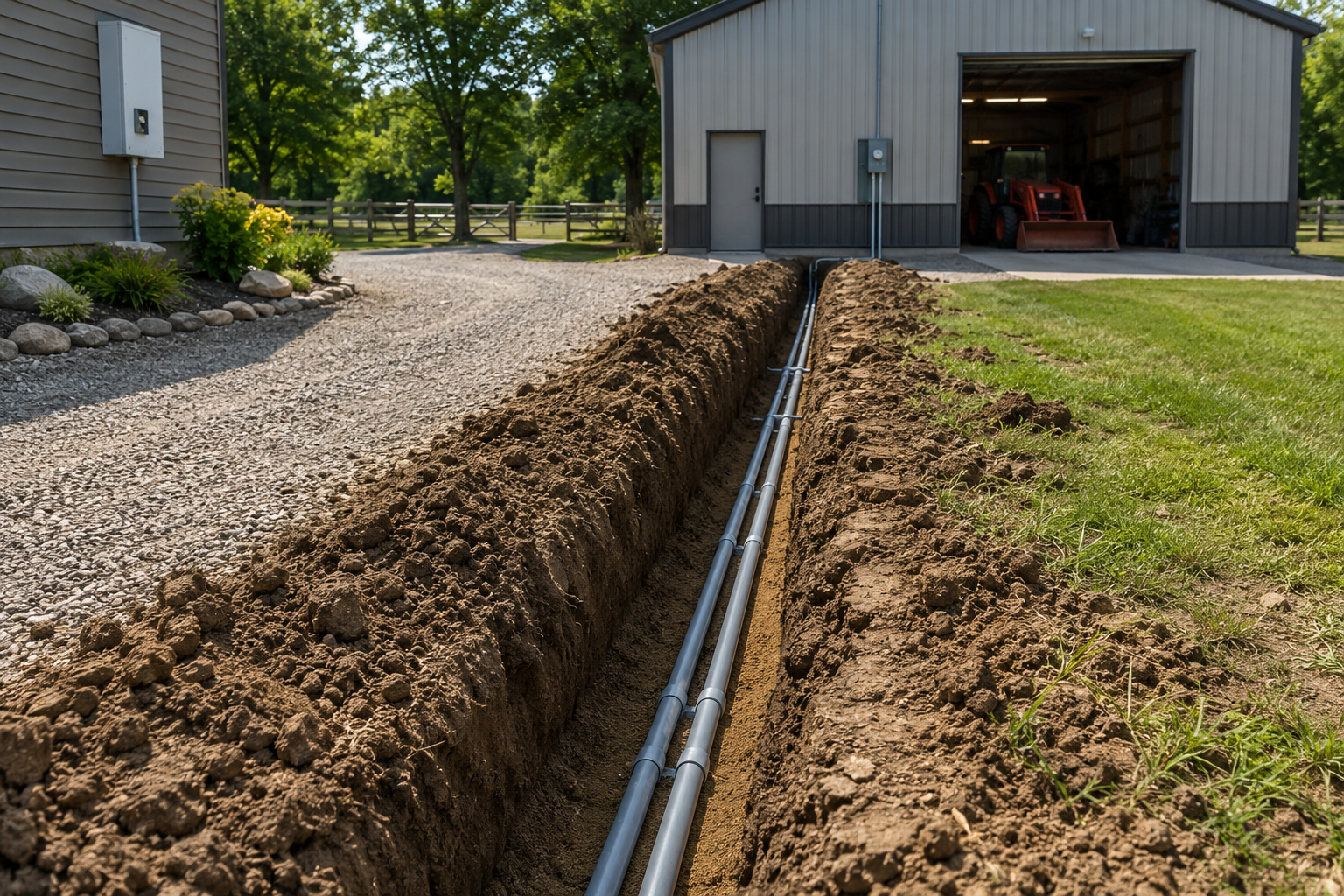 Freshly dug trench with buried utility pipe running between gravel driveway and barn