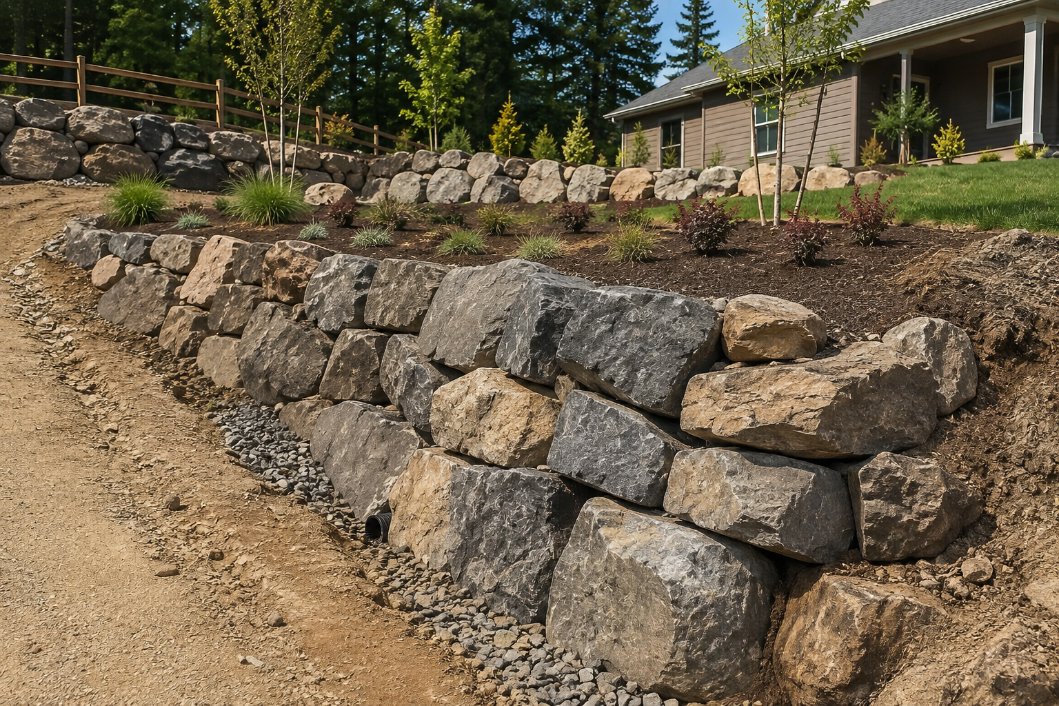 Stone retaining wall along a dirt driveway beside a house and pine trees
