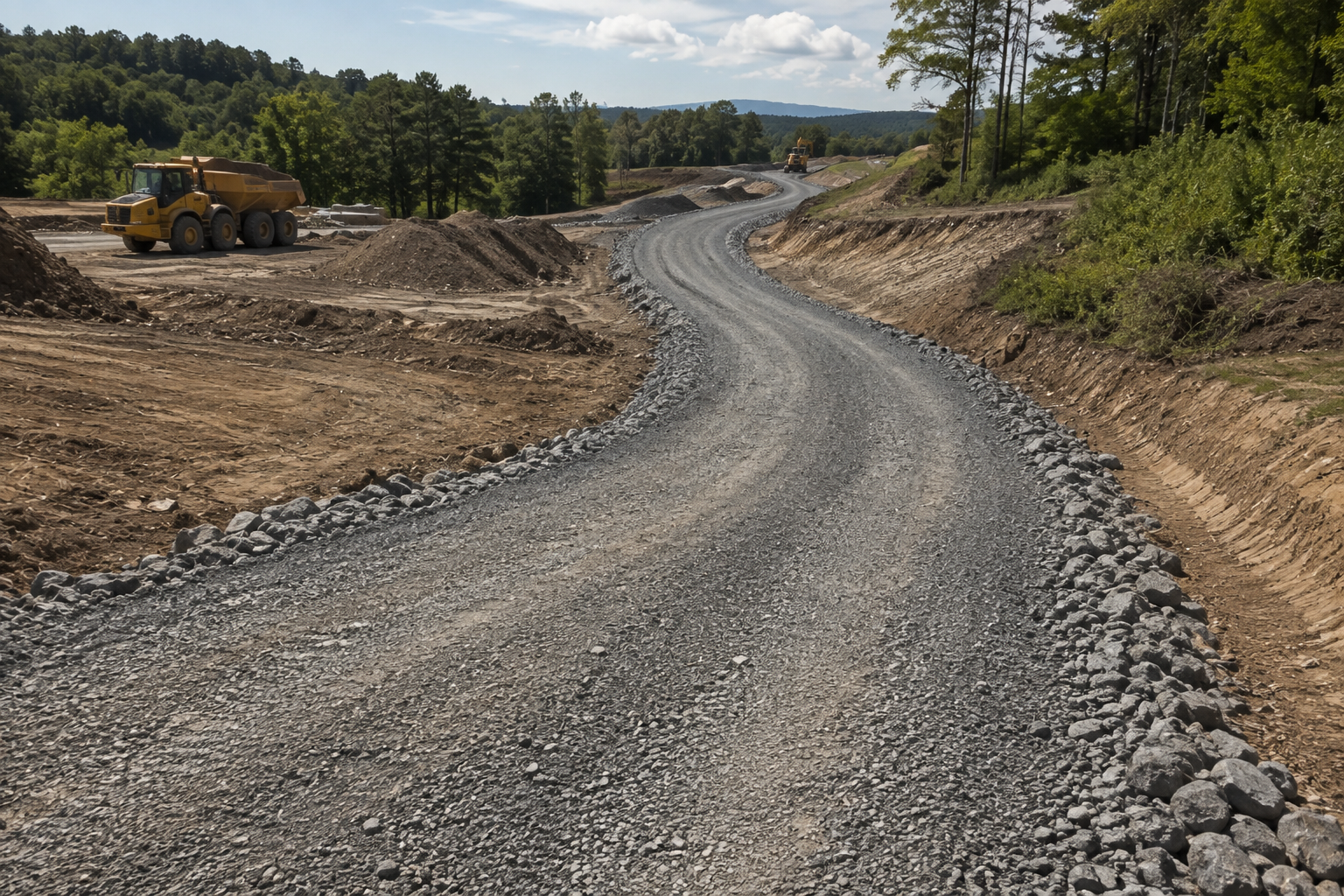 Gravel road under construction winding through a cleared wooded area with a yellow dump truck in the distance
