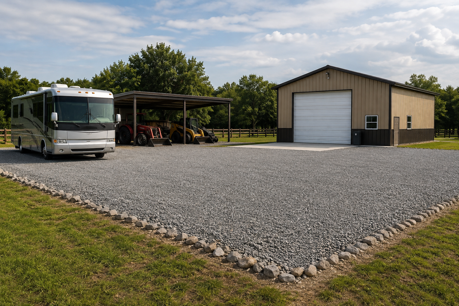 RV parked beside a metal garage on a gravel lot under trees