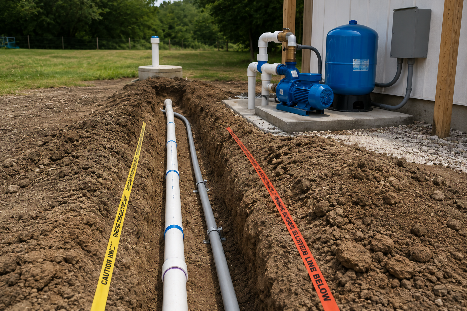 Underground pipes in a trench beside blue well equipment and tanks at a rural utility site