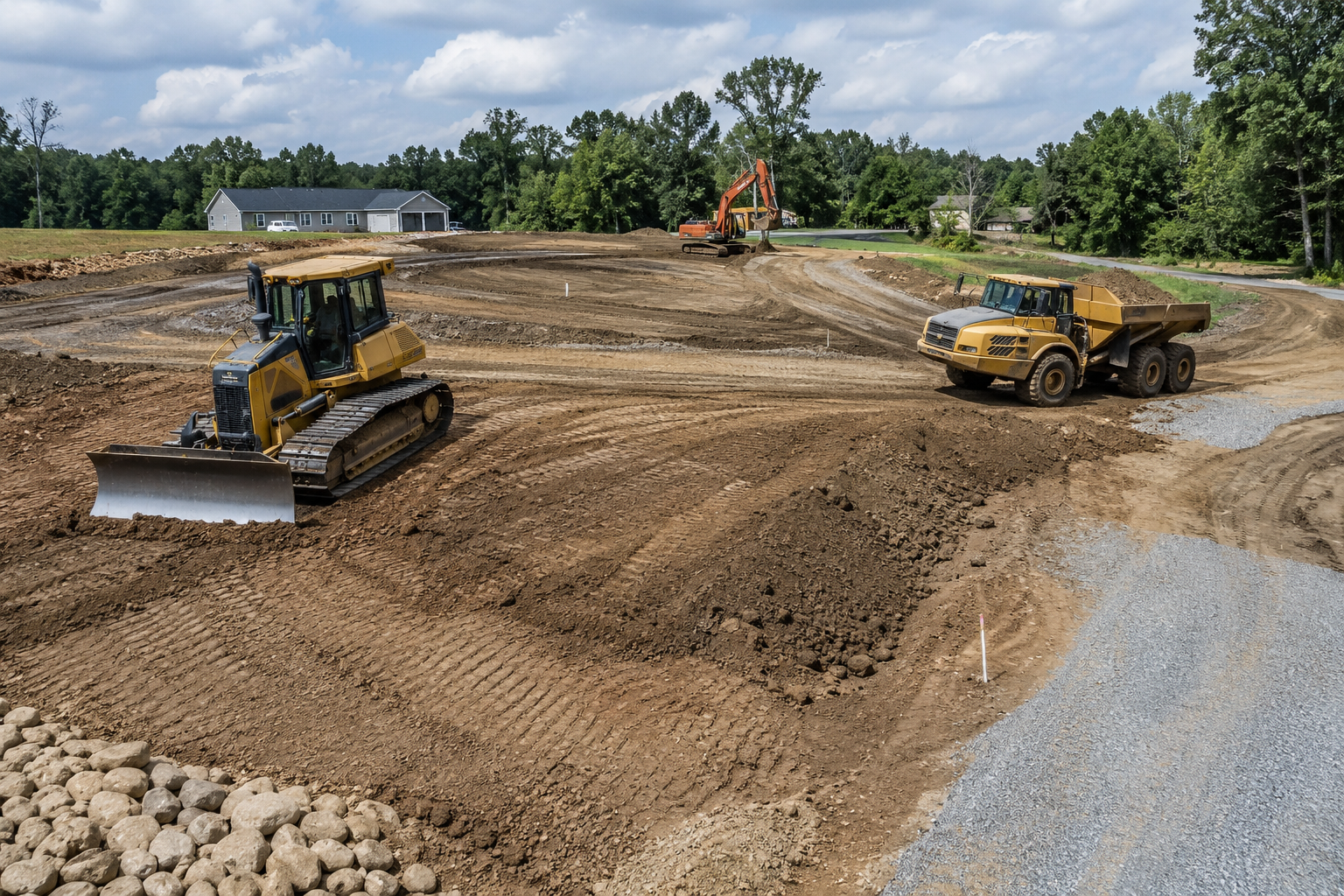 Construction site with bulldozers grading dirt under a cloudy sky