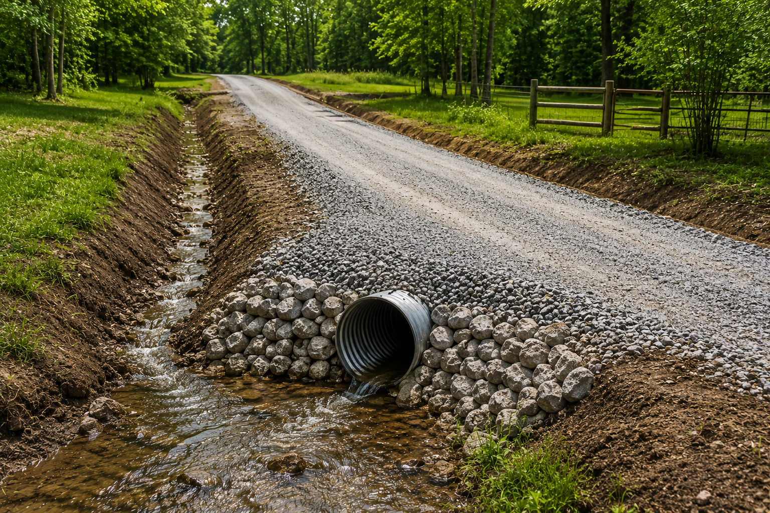 Gravel road with a culvert pipe and muddy drainage ditch in a green wooded area