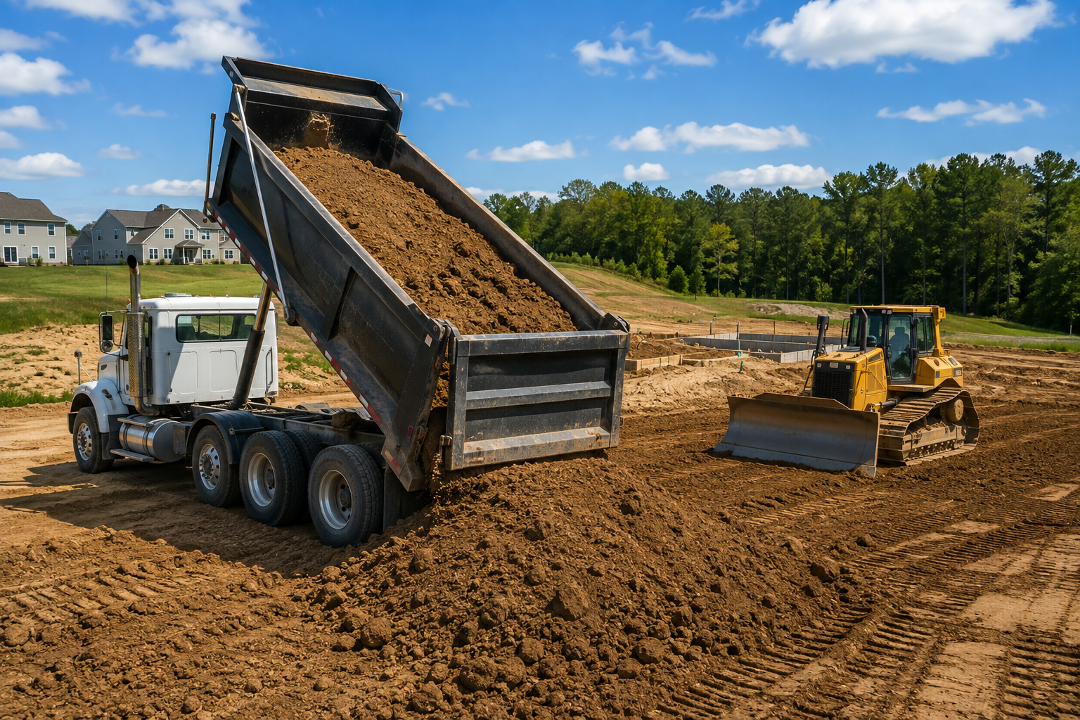 Dump truck unloading dirt beside a bulldozer at a construction site under a blue sky