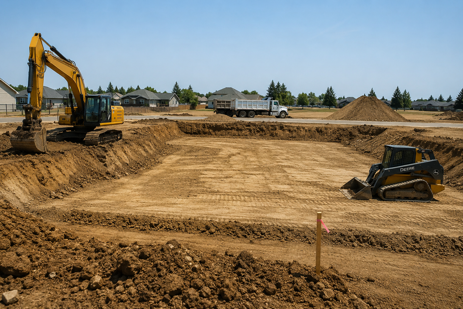 Construction site with excavator on the left and bulldozer on the right, grading a large dirt lot