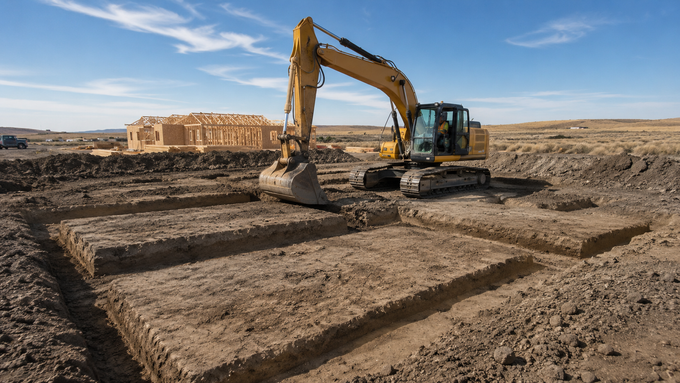 Construction site with concrete foundation, columns, and excavator, surrounded by scaffolding and buildings