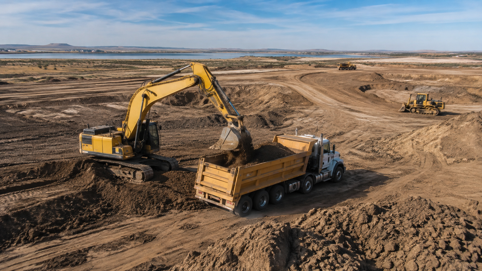 Yellow excavator on a rocky construction site under a pink sunset sky