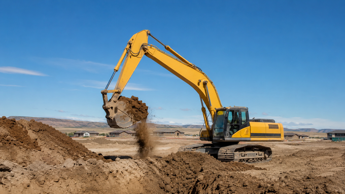 Excavator grading dirt beside a white wall, with a worker in a neon jacket on a construction site.