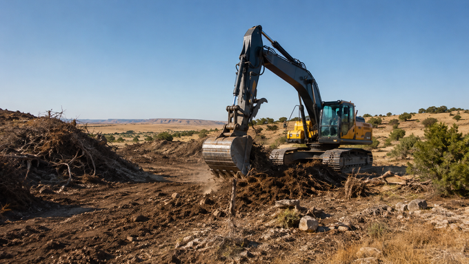 Two yellow bulldozers grading a dirt site with a large soil pile, backed by green trees.