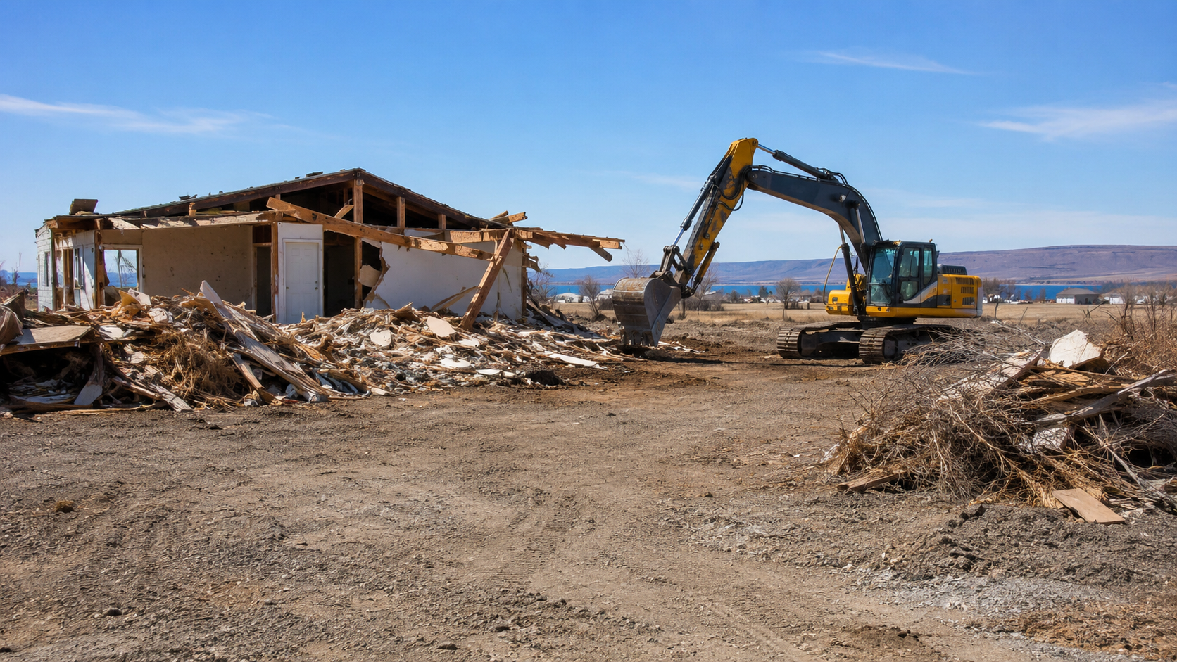Excavator demolishing a brick building, with rubble piled around the site.