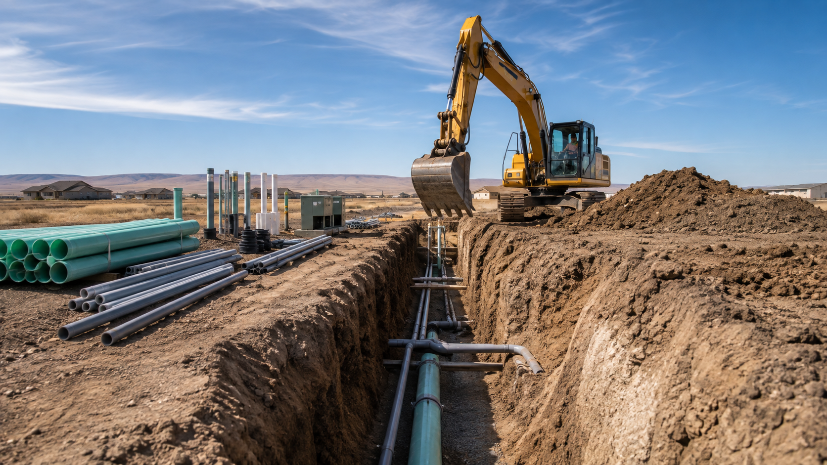 Concrete drainage structure in a dirt excavation, with an orange-clad worker inside near a large pipe opening.