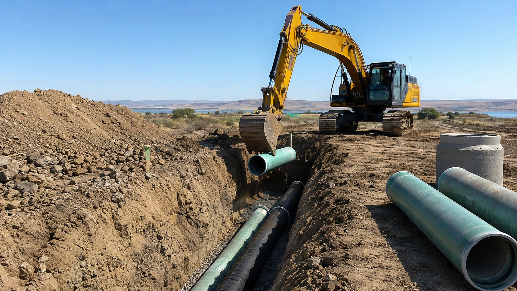 Open trench with a black pipe running through a dirt construction site