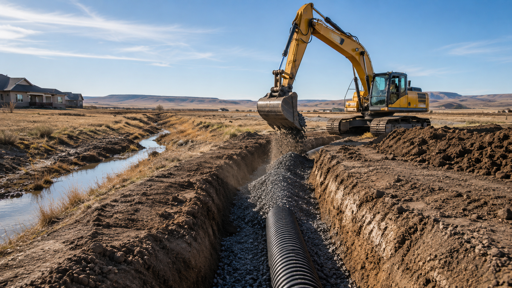 Worker installing black pipes in a muddy trench at a construction site