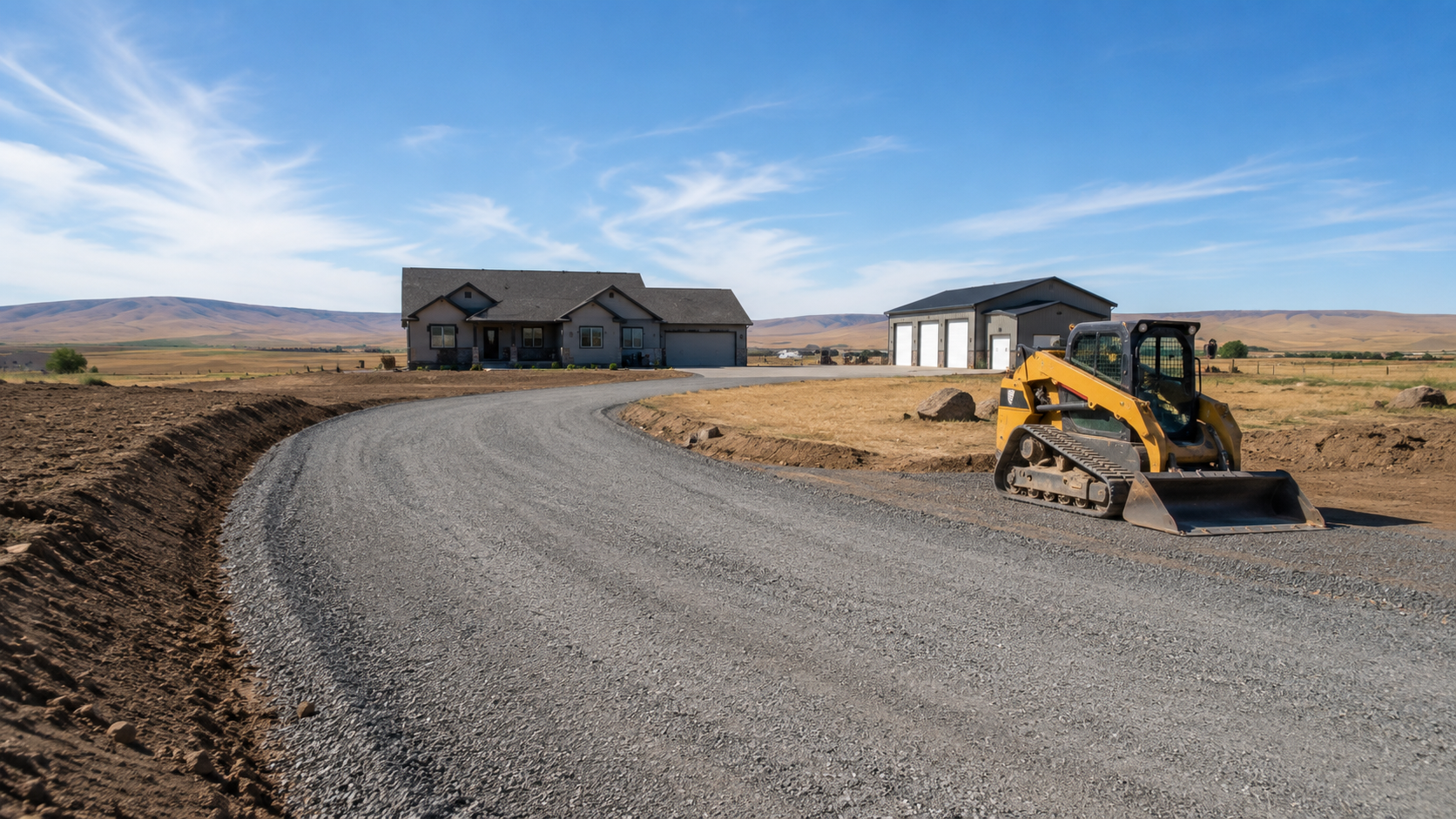 Dump truck unloading gravel onto a driveway in a residential yard
