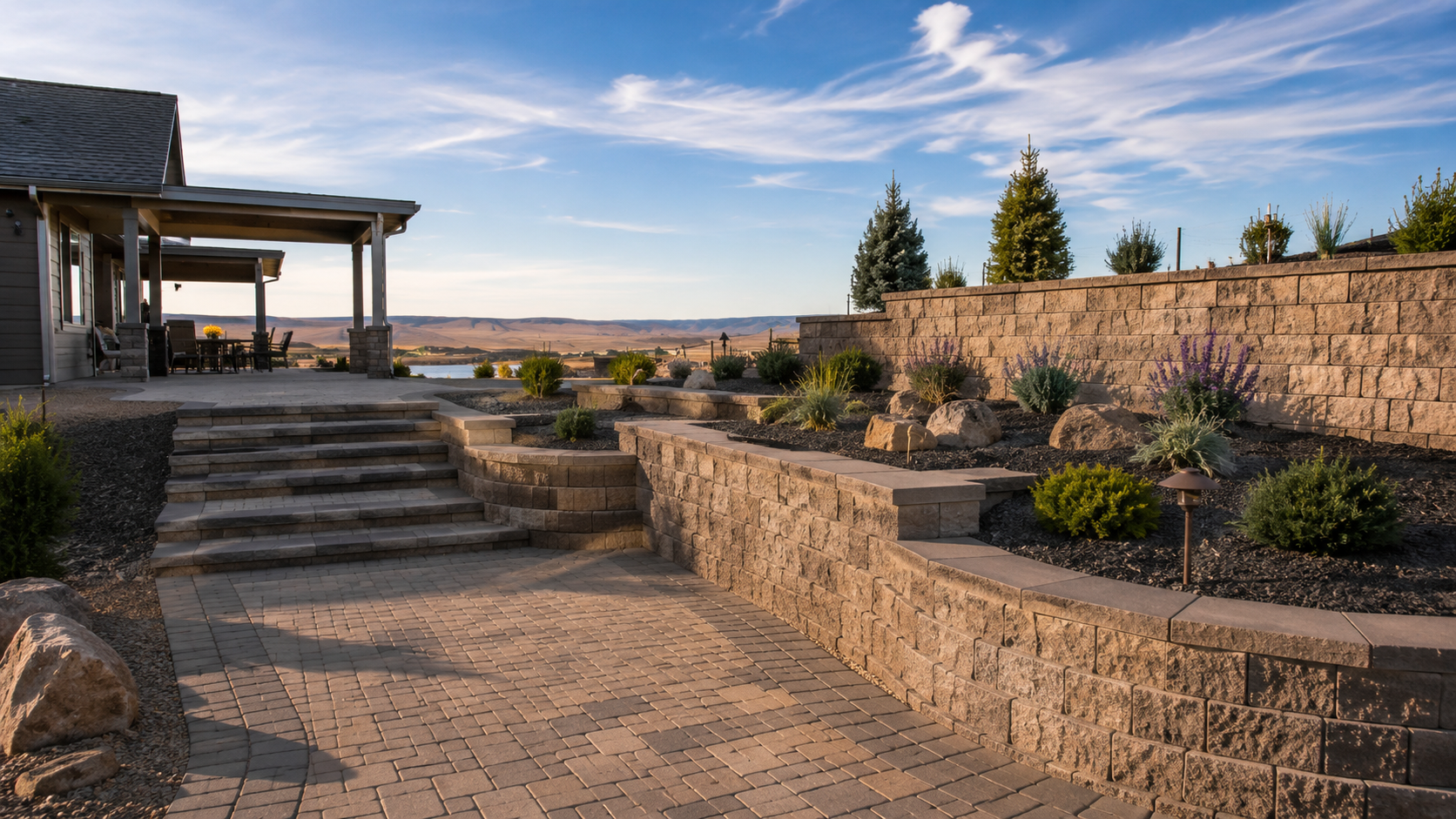 Stone walkway with steps beside a house and landscaped garden with green shrubs and rocks