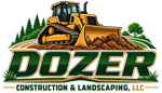 DOZER Construction & Landscaping LLC logo with yellow bulldozer and dirt mound over green trees