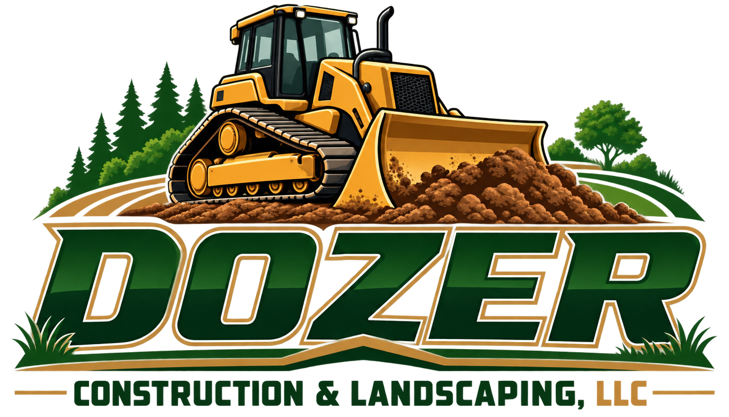 DOZER Construction & Landscaping logo with a yellow bulldozer pushing dirt and trees in the background
