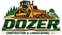 DOZER Construction & Landscaping logo with a yellow bulldozer pushing dirt and trees in the background