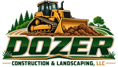 Logo with yellow bulldozer over dirt pile and trees, reading “DOZER Construction & Landscaping, LLC”
