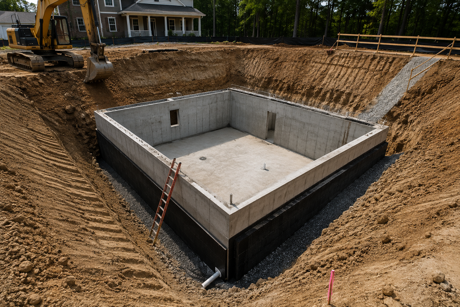 Concrete basement foundation in a dirt excavation site with a ladder and an excavator nearby