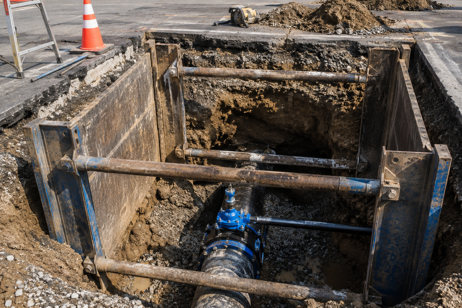 Open utility trench with exposed blue pipe and metal braces at a road construction site