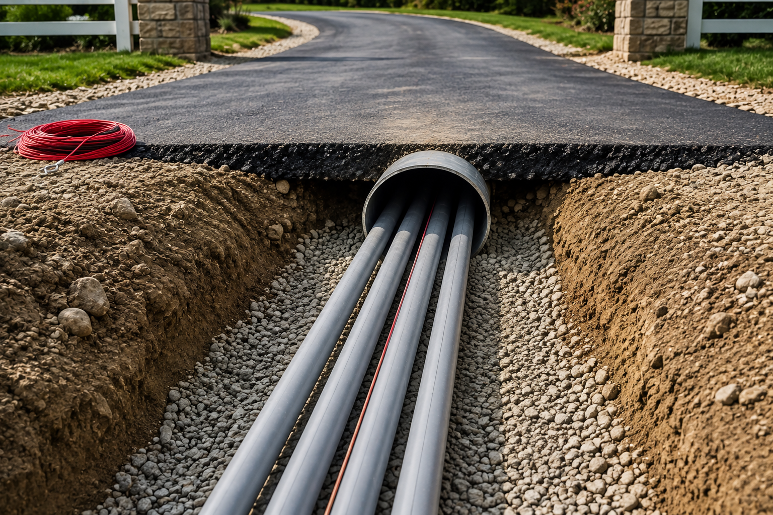 Road excavation with multiple utility pipes laid in a trench under the pavement
