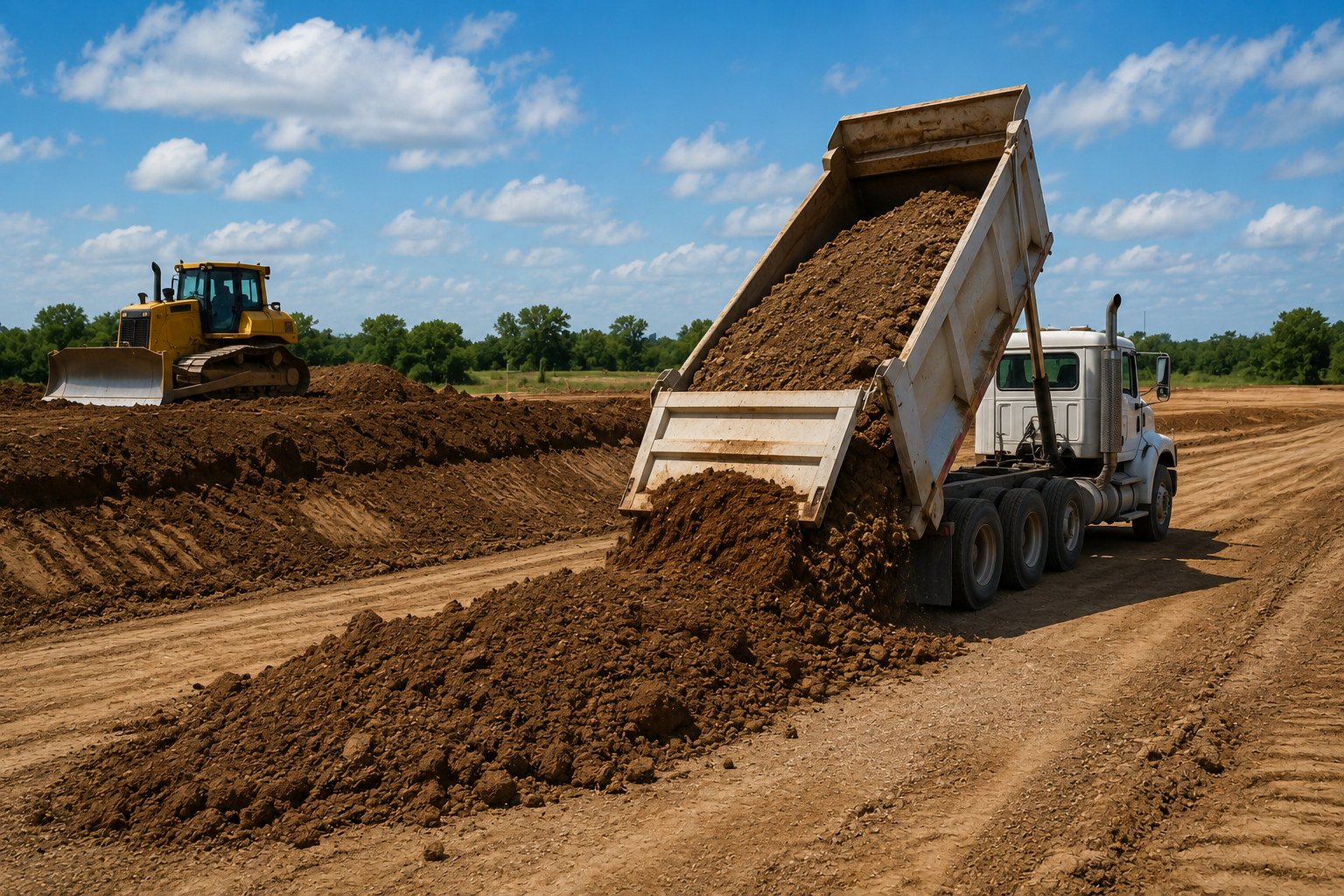 Dump truck unloading brown dirt on a construction site, with bulldozer in the background