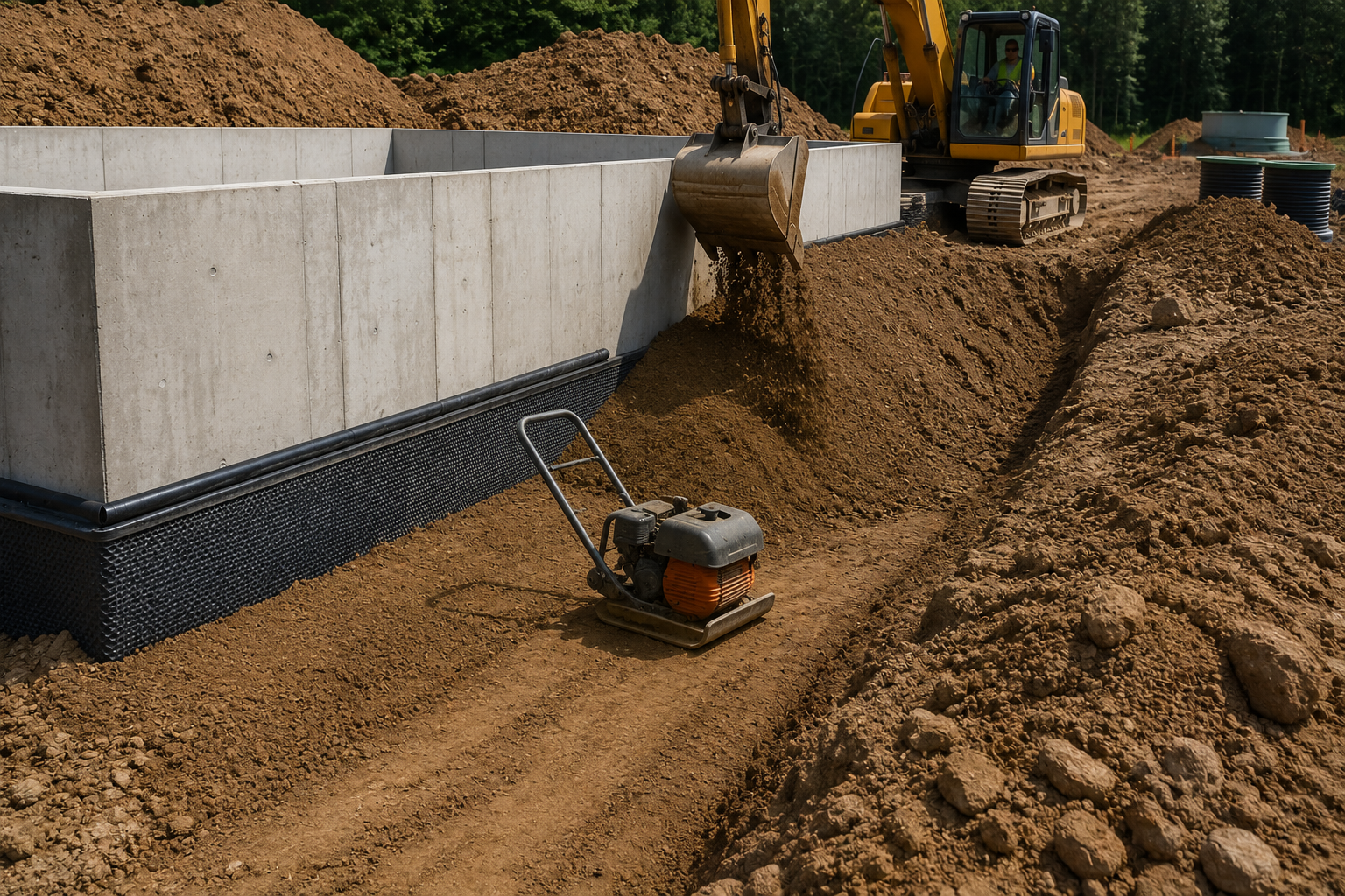 Construction site with concrete foundation wall, excavator, and plate compactor on a dirt slope.