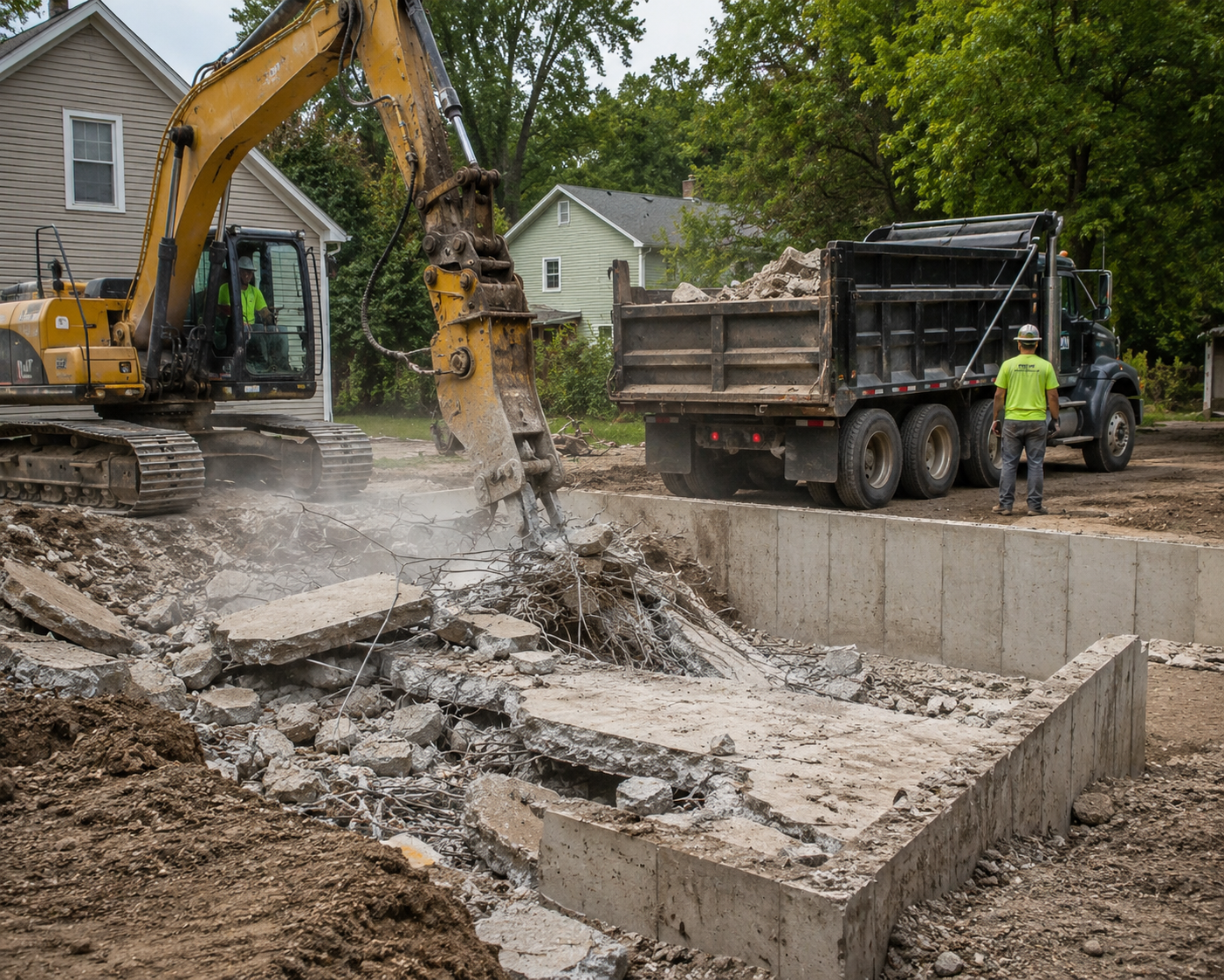 Excavator demolishing concrete driveway beside dump truck and worker in a residential street